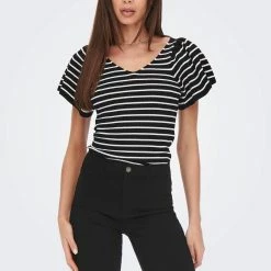 Only Kurzarmpullover »ONLLEELO STRIPE SS BACK V-NECK KNT NOOS«